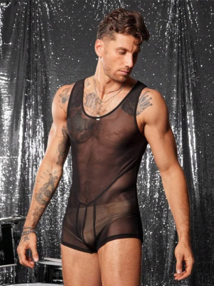 Men's Sexy See-Through Mesh Suspender Romper